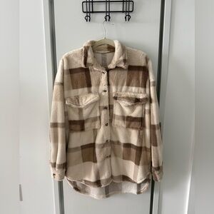 Plaid Fleece Shacket - Cream and Brown